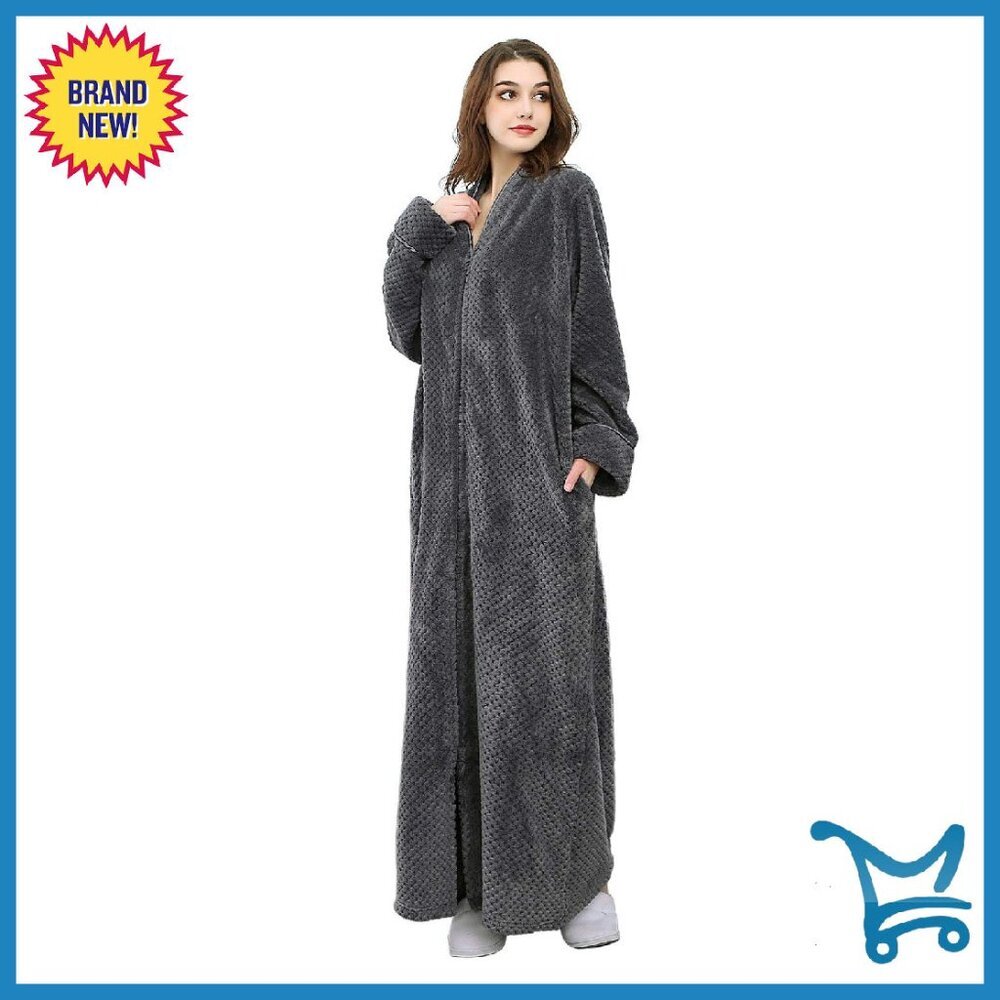 Plush Fleece Zip Front Robe With Pockets - Long Sleeve Floor Length